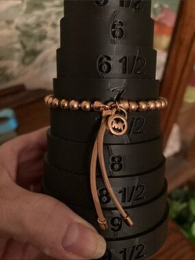 Michael Kors Gold-Tone Beaded Slider Bracelet with Logo Charm w/Leather Pull